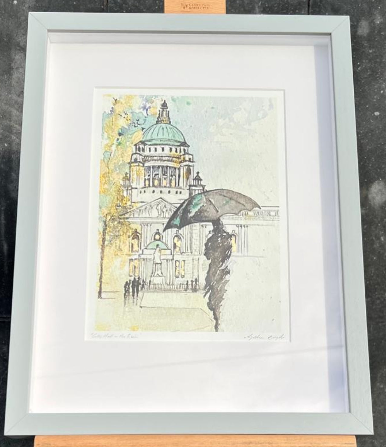 Framed City Hall in the Rain with Gold Leaf