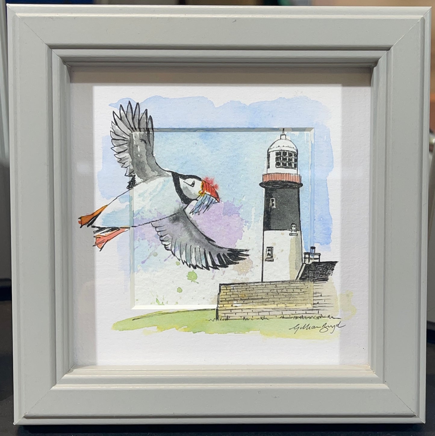 Rathlin Island Lighthouse with Puffin, North Coast - Mini Original Scene